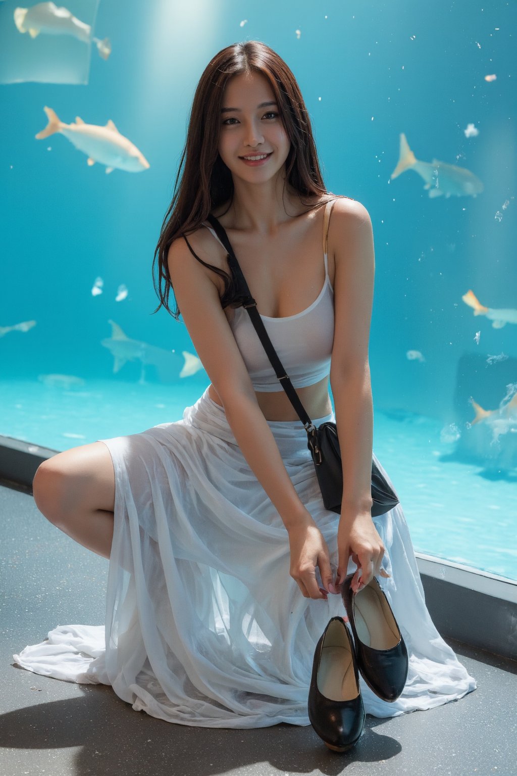 A smiling, jet-black-haired Thai girl poses on her knees in front of an aquarium, her long hair spilling down her back. She wears a crop top that accentuates her toned midsection, and a flowing white skirt that matches the fish swimming behind her. She holds a pair of shoes in her hands, one foot inside and one outside the frame, while a bag slung over her shoulder casts a subtle shadow on the glass. The soft light and vibrant colors of the aquarium create a magical atmosphere in this wide-angle shot. Side lighting highlights the shapes.