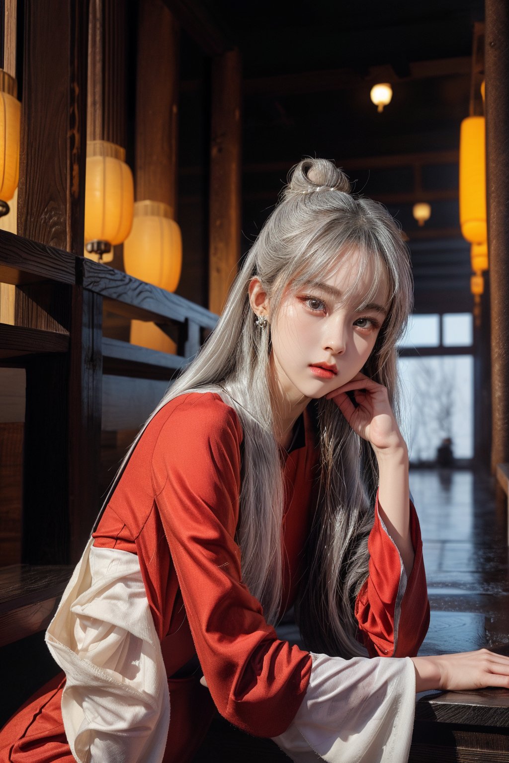 1girl, long hair, SILVER hair, hair ornament, long sleeves, 1boy, dress, jewelry, sitting, upper body, earrings, hair bun, chinese clothes, red dress, single hair bun, hanfu