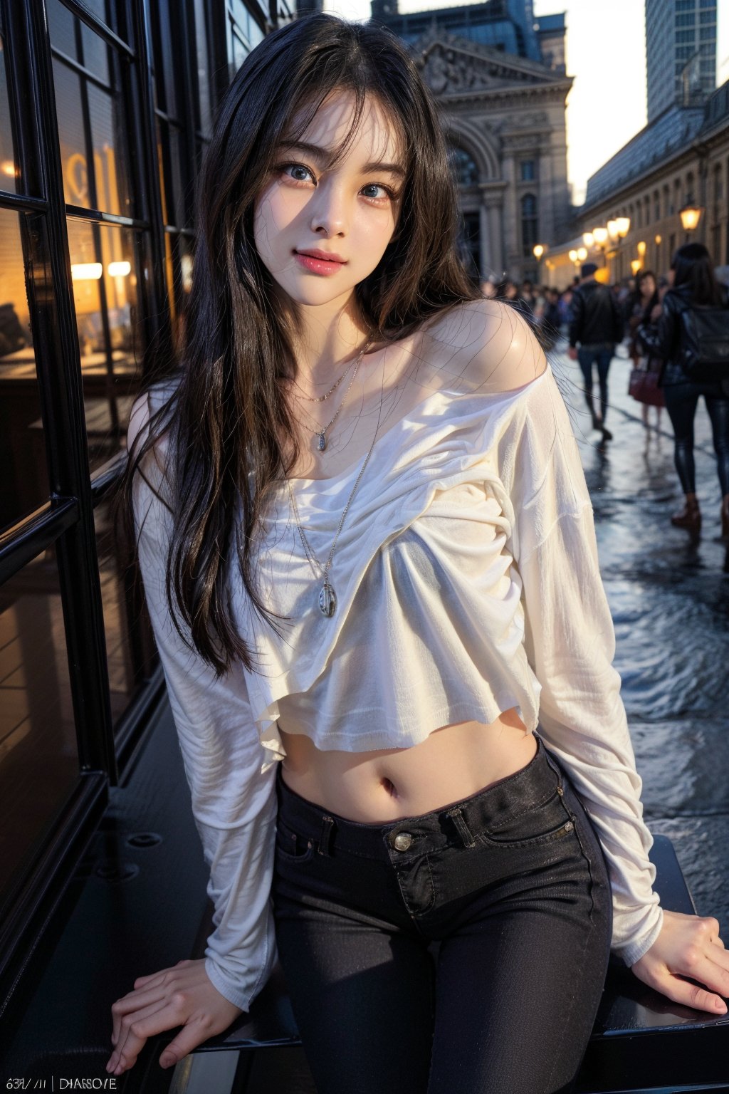 Louvre museum in Paris,standing at the center of square,16 yo,a Thai beautiful girl,fashion model, dark brown eye, very long hair,curly hair,grey hair,tall,slim body,wearing T-shirts crop top, (long sleeve),short jeans pants and heels,shoulder bag,tiny necklace,smile,Best Quality, 32k, photorealistic, ultra-detailed, finely detailed, high resolution, perfect dynamic composition, beautiful detailed eyes, sharp-focus, cowboy sh