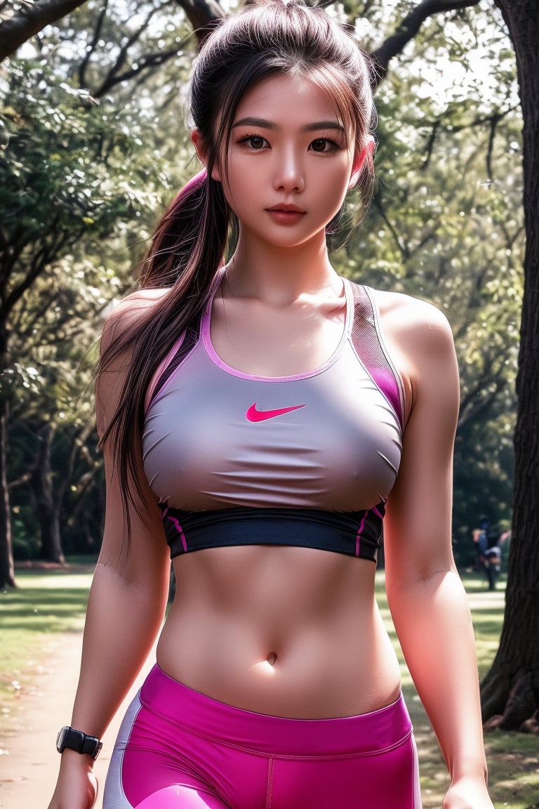 "(High quality art image, High Definition 8K:1.2) High Detail (Realistic Realistic:1.37) Portrait of a 25-year-old Thai female runner, large breasted, running in a tree-lined park, black hair tied back, dark pink Nike running tights, pink and black Nike running pants, tight strapless running outfit, night atmosphere, striking eyes. High fashion masterpiece. High quality 32k. Perfect detail, very sharp focus. Professional portrait photography. Art."