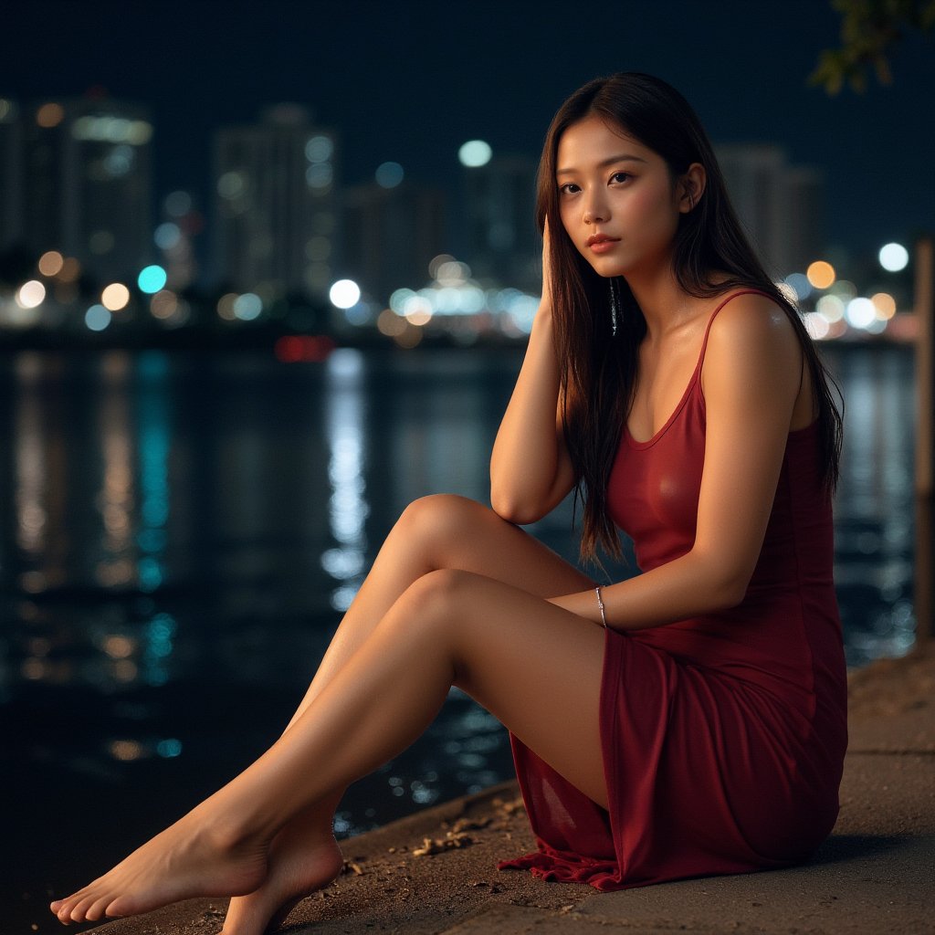 Realistic, Thai woman, detail face, sitting, barefoot, Chawphaya river ’s edge, night, long hair, elegant dress, thoughtful, slightly melancholic, soft Bangkok city lights, calm water, peaceful, quiet night atmosphere.