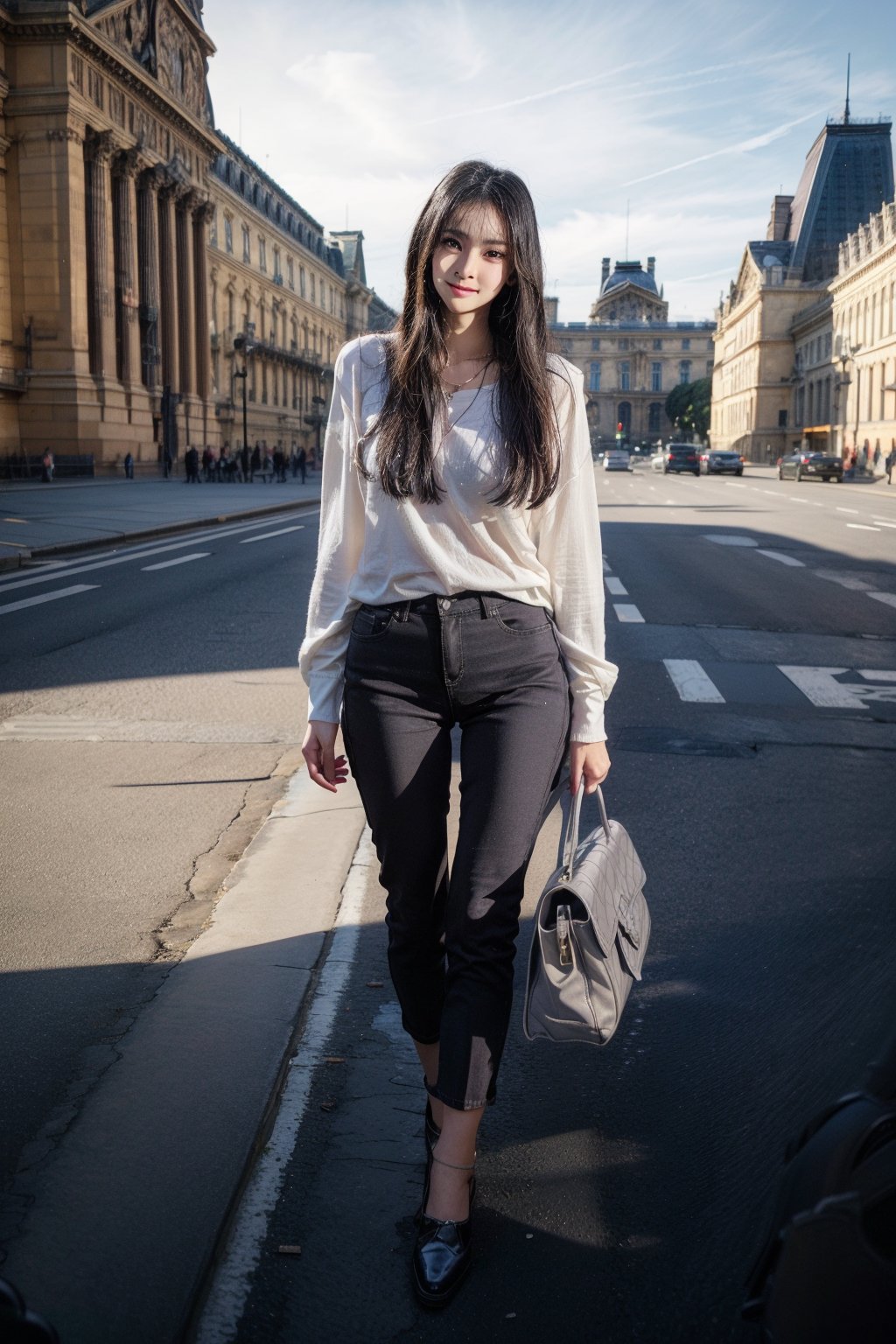 Louvre museum in Paris,standing at the center of square,16 yo,a Thai beautiful girl,fashion model, black eye, very long hair,curly hair,grey hair,tall,slim body,wearing white collared shirts(long sleeve),short jeans pants and heels,shoulder bag,tiny necklace,smile,Best Quality, 32k, photorealistic, ultra-detailed, finely detailed, high resolution, perfect dynamic composition, beautiful detailed eyes, sharp-focus, cowboy sh