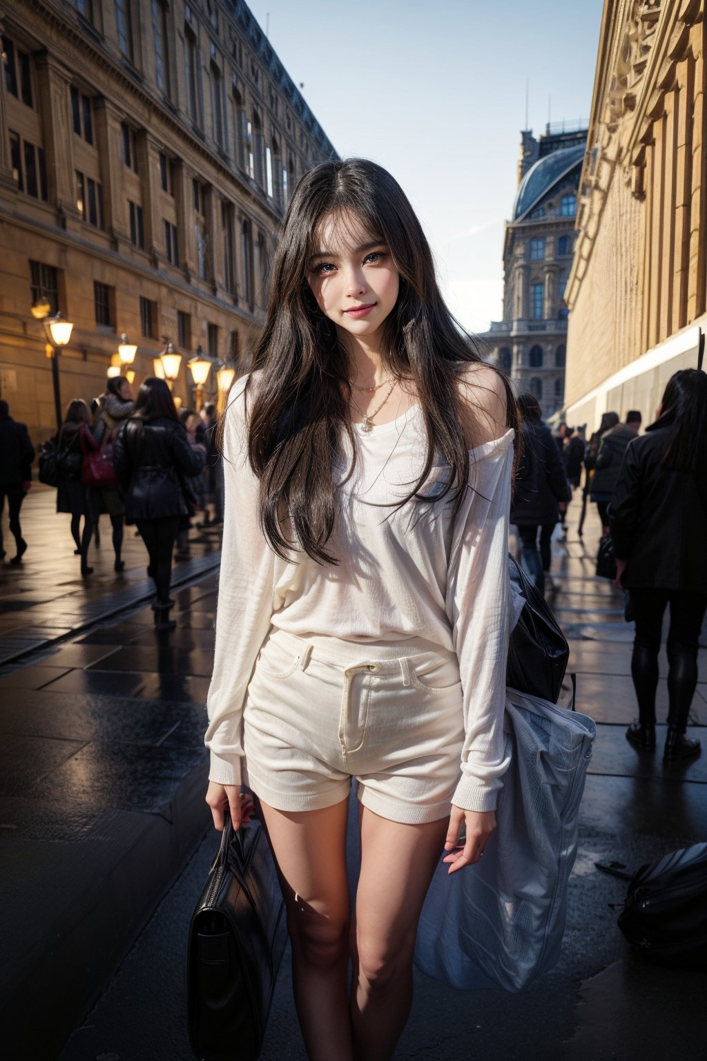 Louvre museum in Paris,standing at the center of square,16 yo,beautiful girl,fashion model,very long hair,curly hair,grey hair,tall,slim body,wearing white collared shirts(long sleeve),short pants and heels,shoulder bag,tiny necklace,smile,Best Quality, 32k, photorealistic, ultra-detailed, finely detailed, high resolution, perfect dynamic composition, beautiful detailed eyes, sharp-focus, cowboy sh