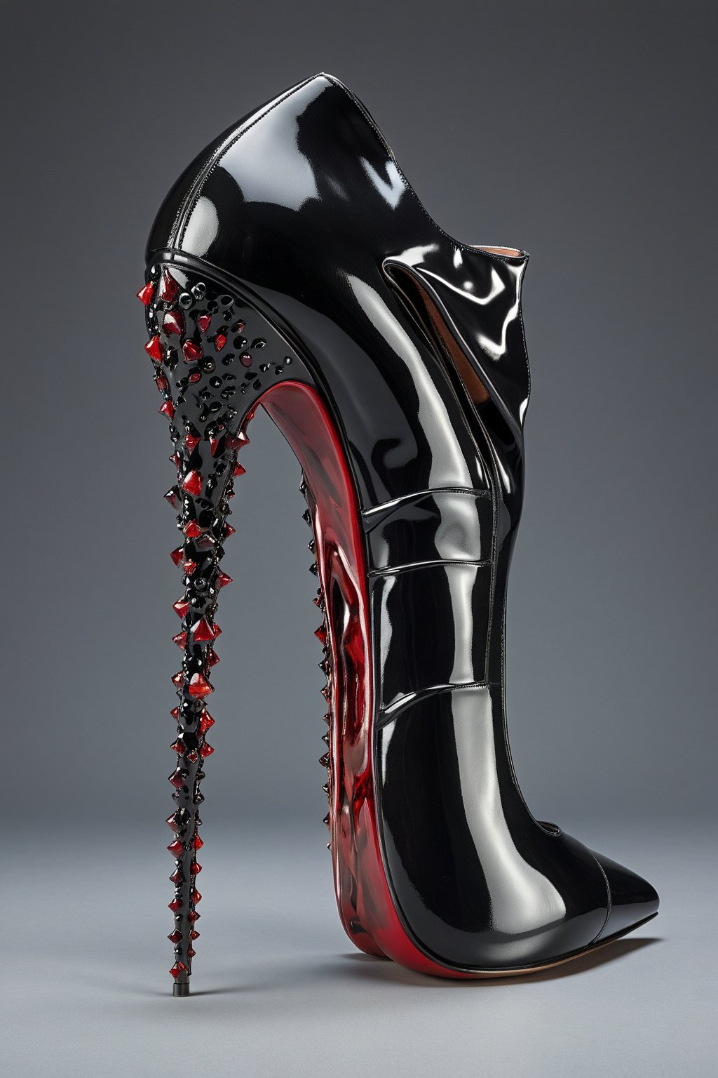 hyper realistic advertising photo of a 4.5 inch stiletto high heel shoe. no body parts. no human. black patent leather, thin dark red sole, no platform, long skinny high heel, gemstone decoration on toe, shot from behind the heel, thick white cum dripping down toe and heel