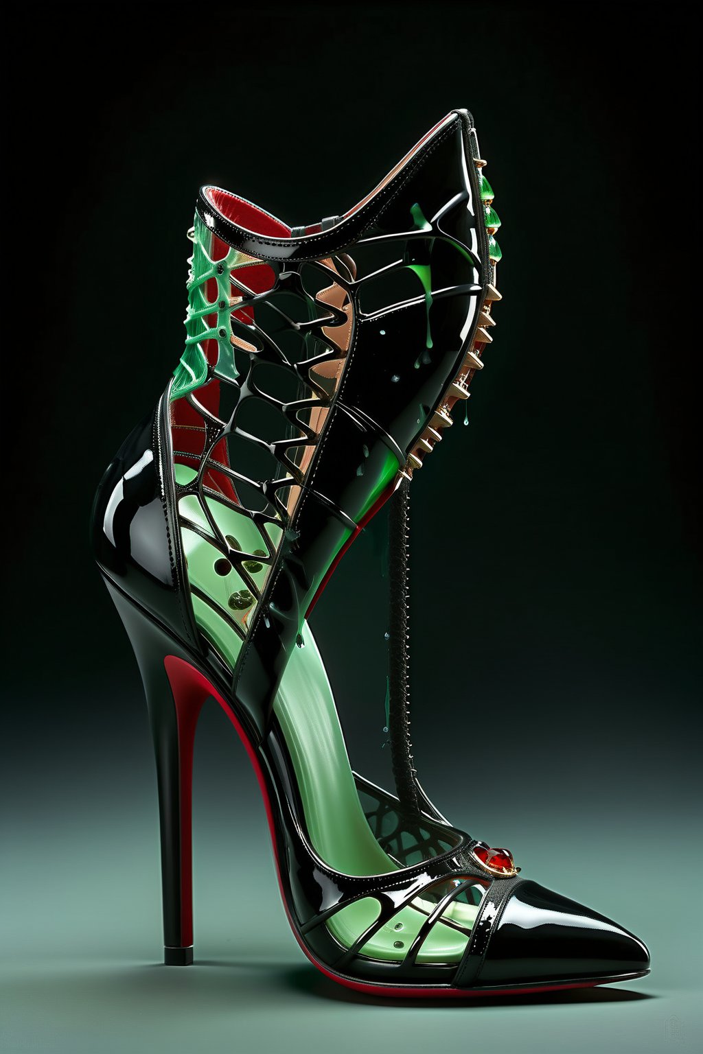 hyper realistic advertising photo of a 2.5 inch stiletto high heel shoe. no body parts. no human. black patent leather lace mesh, thin dark red sole, no platform, skinny high heel, strappy sandal, open toe, large green clear gemstone decoration on toe, (((shot from behind the heel))), excessive dripping white wax, thick white cum dripping down toe and heel, D’Orsay style