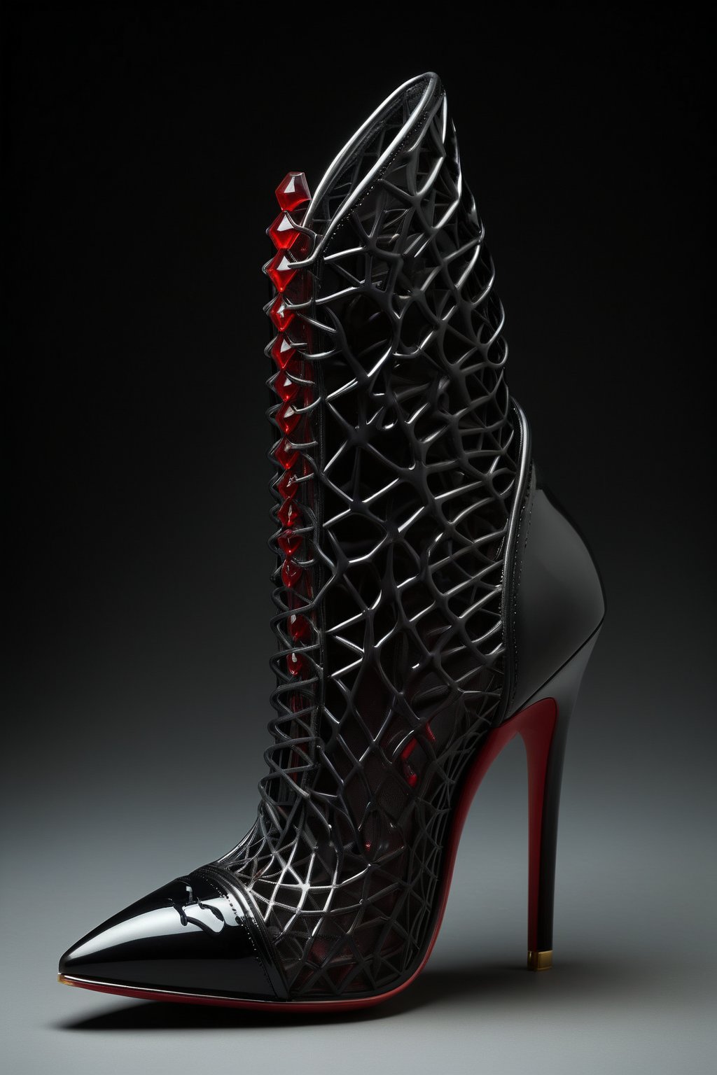 hyper realistic advertising photo of a 2.5 inch stiletto high heel shoe. no body parts. no human. black patent leather lace mesh, thin dark red sole, no platform, skinny high heel, large gemstone decoration on toe, (((shot from behind the heel))), thick white cum dripping down toe and heel, D’Orsay style