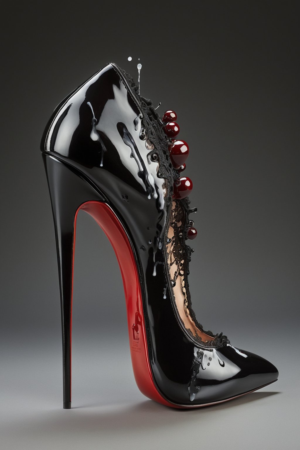 hyper realistic advertising photo of a 2.5 inch stiletto high heel shoe. no body parts. no human. black patent leather lace, thin dark red sole, no platform, skinny high heel, large gemstone decoration on toe, shot from behind the heel, thick white cum dripping down toe and heel, D’Orsay style