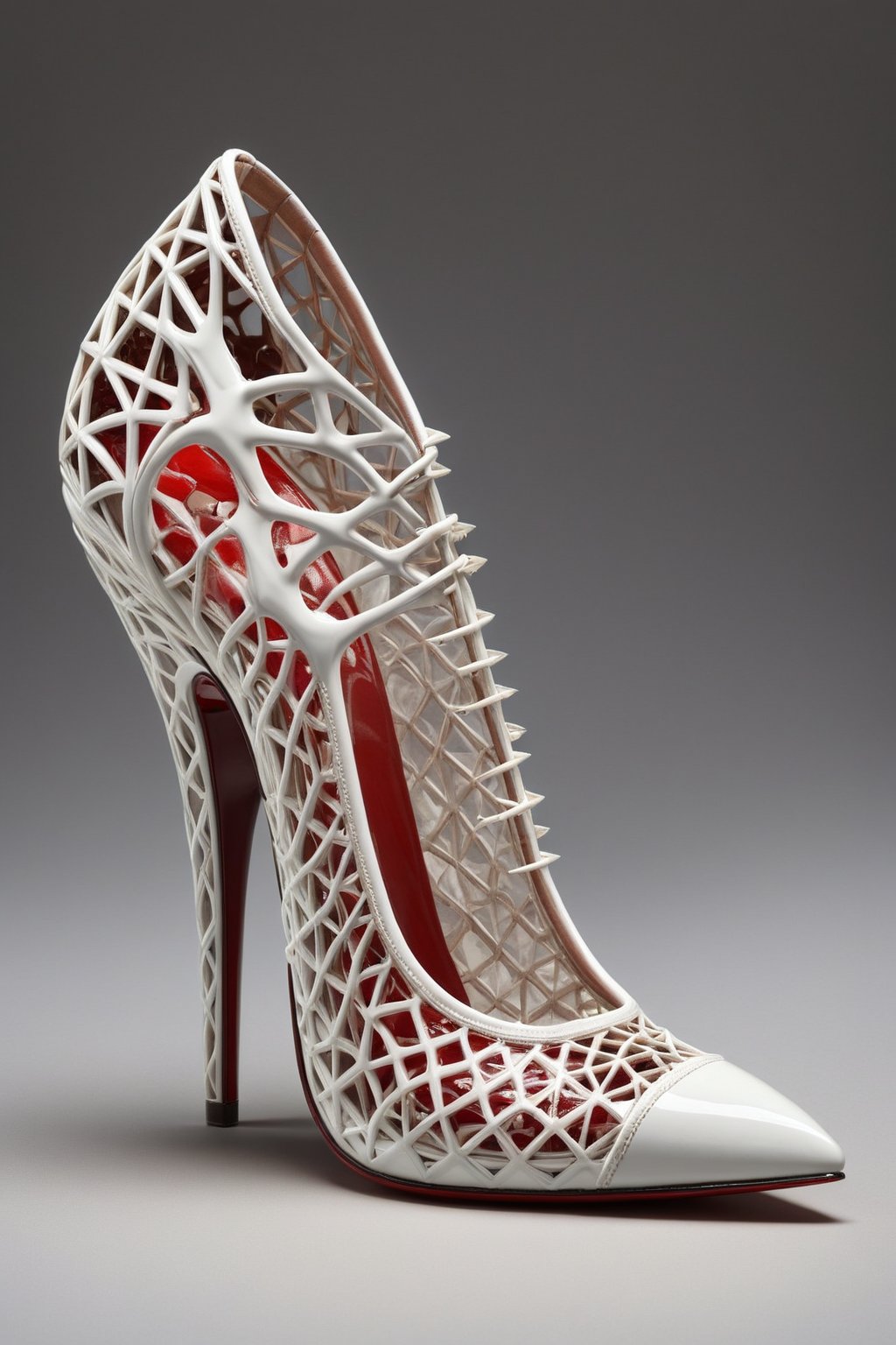 hyper realistic advertising photo of a 2.5 inch stiletto high heel shoe. no body parts. no human. silver patent leather lace mesh, thin dark red sole, no platform, skinny high heel, large gemstone decoration on toe, shot from behind the heel, thick white cum dripping down toe and heel, D’Orsay style