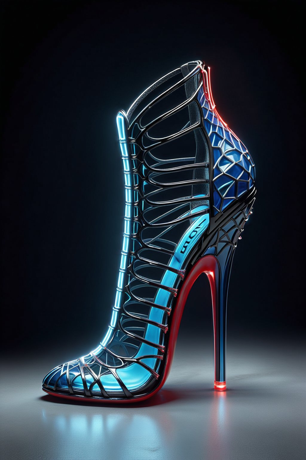 hyper realistic advertising photo of a low stiletto high heel shoe. no body parts. no human. black patent leather lace mesh, thin dark red sole, no platform, skinny high heel, strappy sandal, open toe, large translucent neon blue gemstone decoration on toe, (((shot from behind the heel))), excessive dripping white wax, thick white cum dripping down toe and heel, D’Orsay style