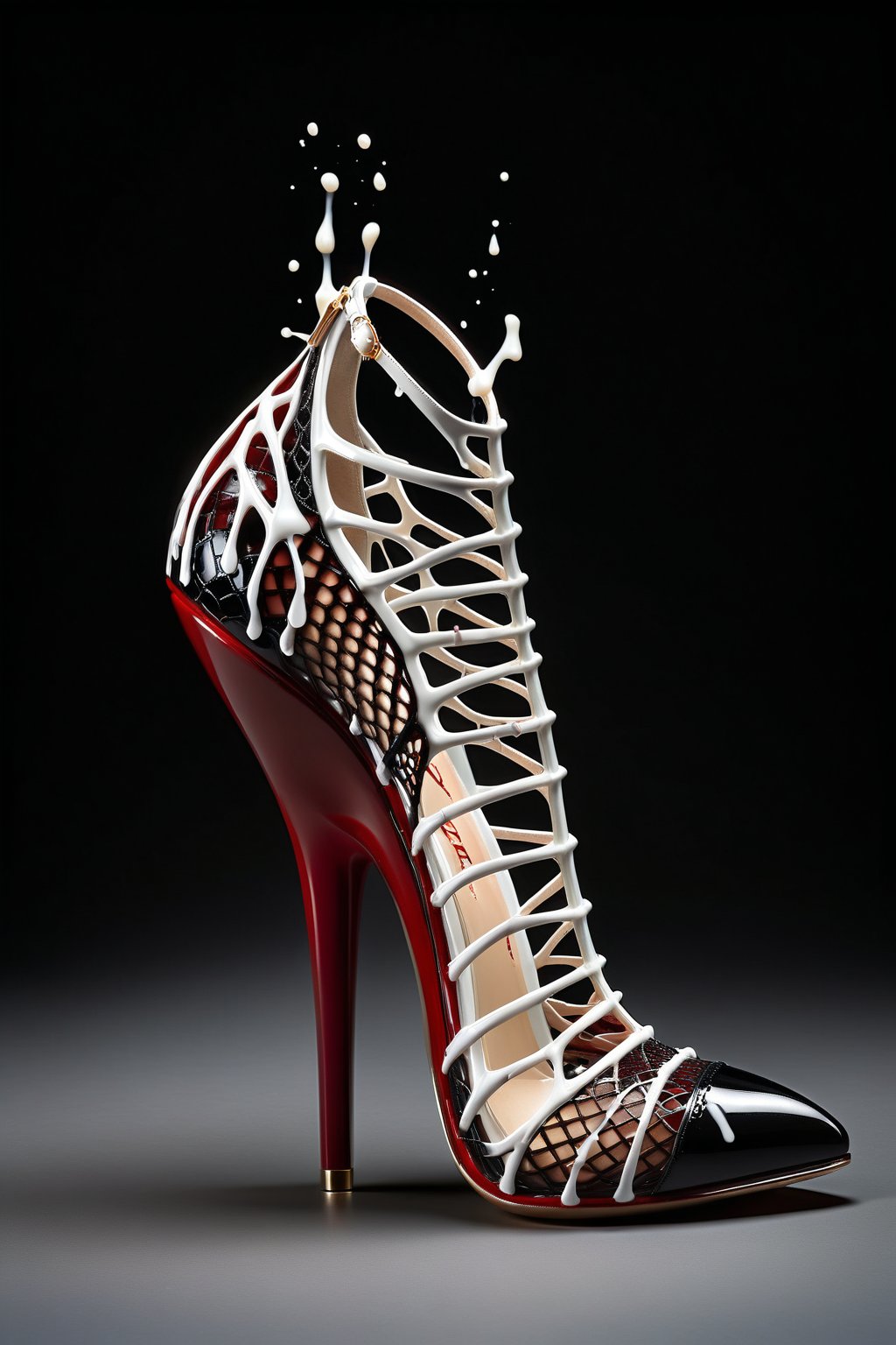 hyper realistic advertising photo of a 2.5 inch stiletto high heel shoe. no body parts. no human. deep luster shine, darkest scarlet black patent snakeskin leather wirey lace mesh, snakeskin pattern, thin dark red sole, no platform, skinny high heel, strappy sandal, open toe, large white gemstone decoration on toe, (((shot from behind the heel))), excessive dripping white wax, thick white cum dripping down toe and heel, D’Orsay style, thick waxy milk on toe dripping down shoe, thick white wax drizzled all over the shoe, action shot of milk splashing on the toe of  shoes