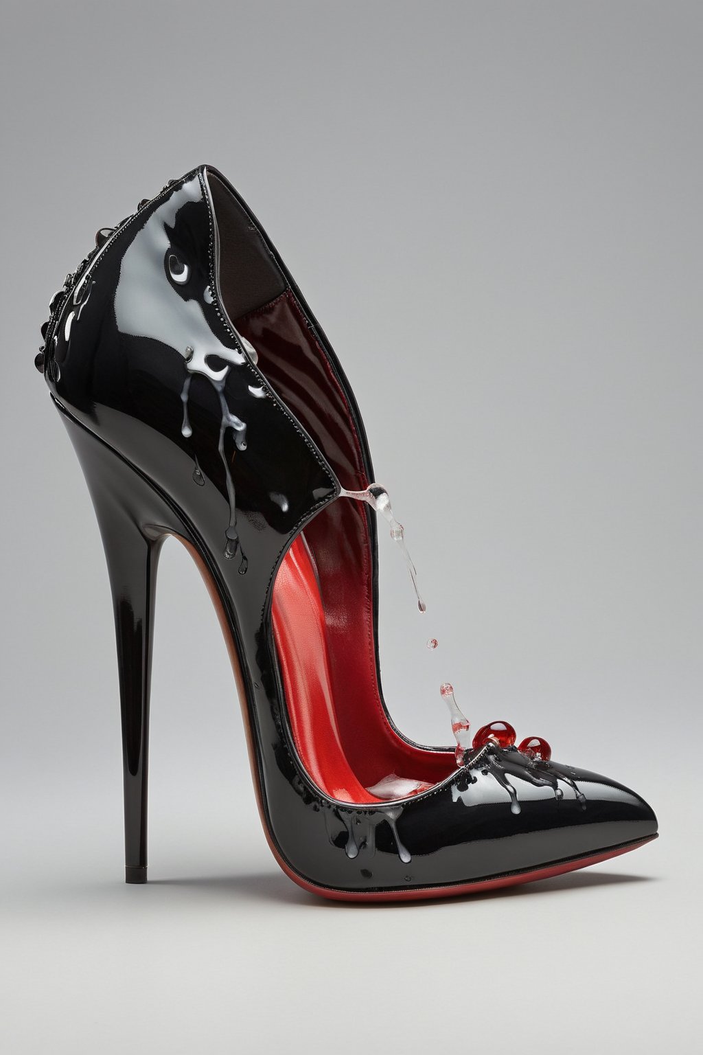 hyper realistic advertising photo of a 2.5 inch stiletto high heel shoe. no body parts. no human. black patent leather, thin dark red sole, no platform, skinny high heel, gemstone decoration on toe, shot from behind the heel, thick white cum dripping down toe and heel, D’Orsay style