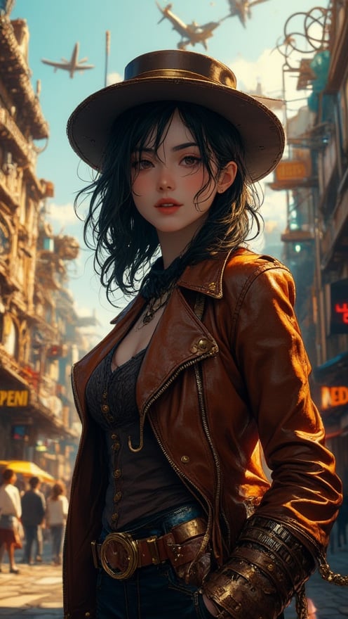 Extreme detailed character. In a warm, golden lit cinematic composition, a stunning young woman with inky black locks and piercing eyes stands out amidst the vintage city centre's bustling atmosphere. She poses confidently, her exquisite steampunk ensemble - brass-trimmed leather jacket, waistcoat, and hat - accentuating her striking features. The dystopian metropolis unfolds behind her, steam-powered structures towering above, while steampunk aircraft soar through the clear blue sky like mechanical birds.