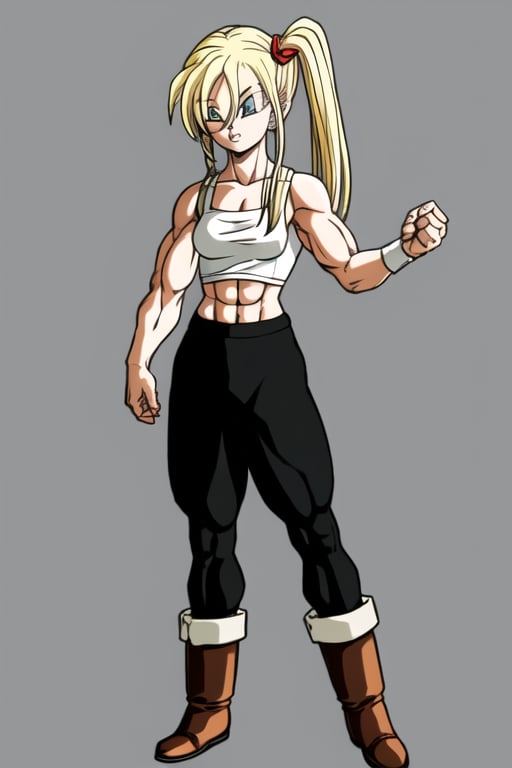 Irina1_DBAF, 1girl, solo, tanktop, side_ponytail, black pants, boots, blonde, sharp_eyes, Toriyama Akira, muscular female