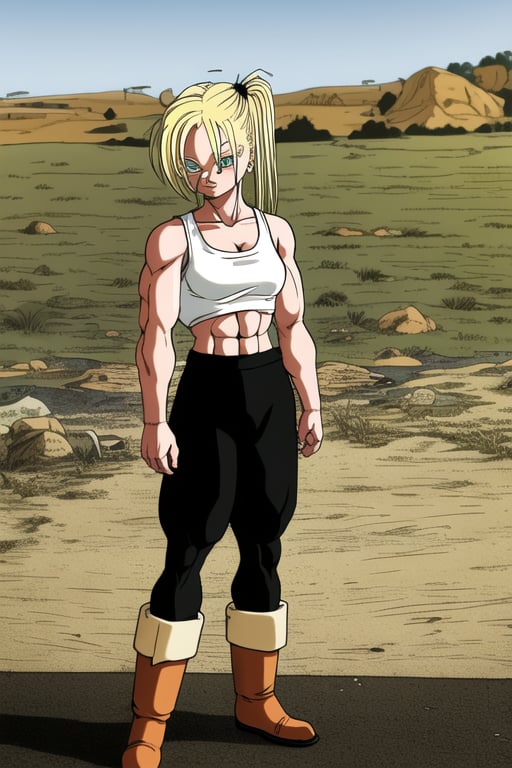 Irina1_DBAF, 1girl, solo, tanktop, side_ponytail, black pants, boots, blonde, sharp_eyes, Toriyama Akira, muscular female