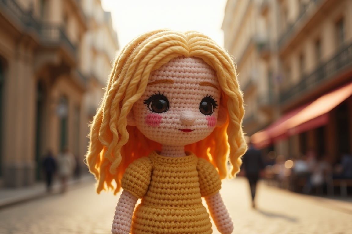 The small crocheted amigurumi simulates the image of a brunette girl with wavy blonde hair and big black eyes in the middle of a street with French architecture. The scene must feature midday light with dimmed shadows in the nostalgic atmosphere. It uses a hyperrealistic 3D style and rendering with PBR effects.