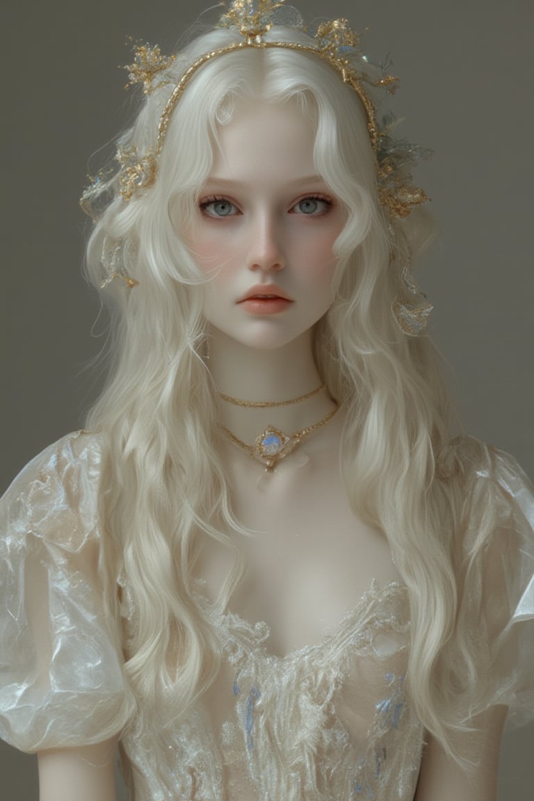 Tall woman with a sandy body who is delicate, innocent and kawaii with long, white, shiny hair. Her skin is white, pale, delicate and her blue veins are visible all over her body. Big grey eyes with long, thick, black eyelashes. The style will be hyperrealistic, rendered and with PBR effects.