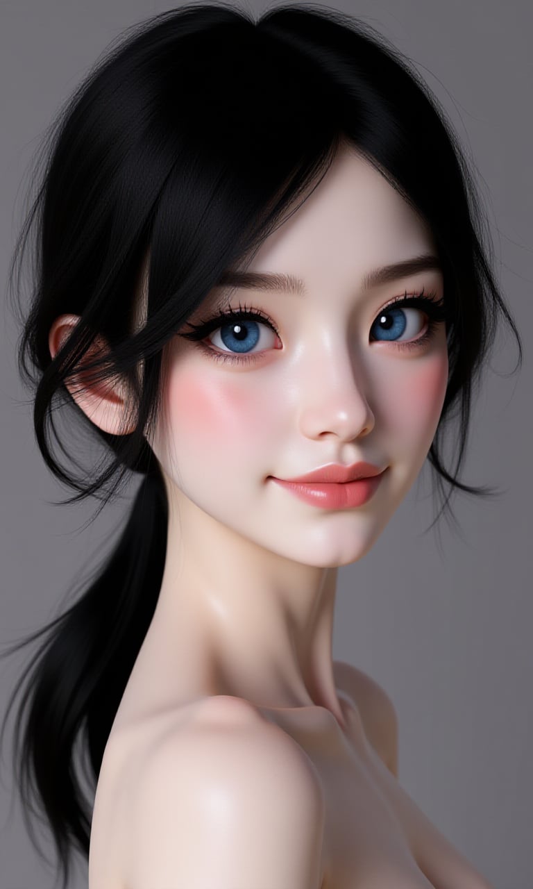 It is a photorealistic avatar powered by Codec Avatars that belongs to the Second Life metaverse and has black hair, white skin, big blue eyes with long, thick, beautiful eyelashes and a big smile. Its style is Daz studio with PBR effects.