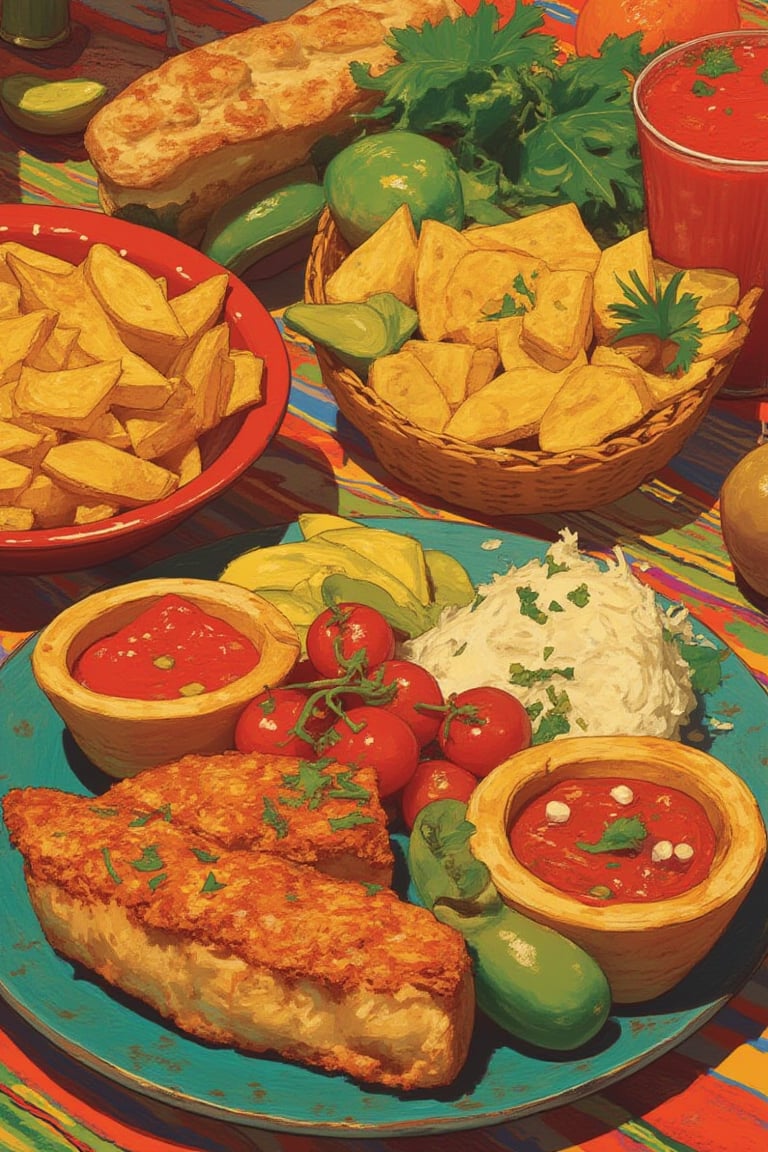 Create an illustration of a Mexican gourmet cuisine menu inspired by virtual objects in Second Life. The illustration must be laminated with vibrant colors and a medium brightness with soft shadows. The style will be rendered with a PBR effect.