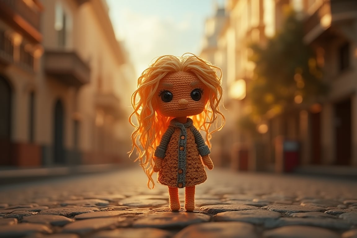 The small crocheted amigurumi simulates the image of a brunette girl with wavy blonde hair and big black eyes in the middle of a street with French architecture. The scene must feature midday light with dimmed shadows in the nostalgic atmosphere. It uses a hyperrealistic 3D style and rendering with PBR effects.