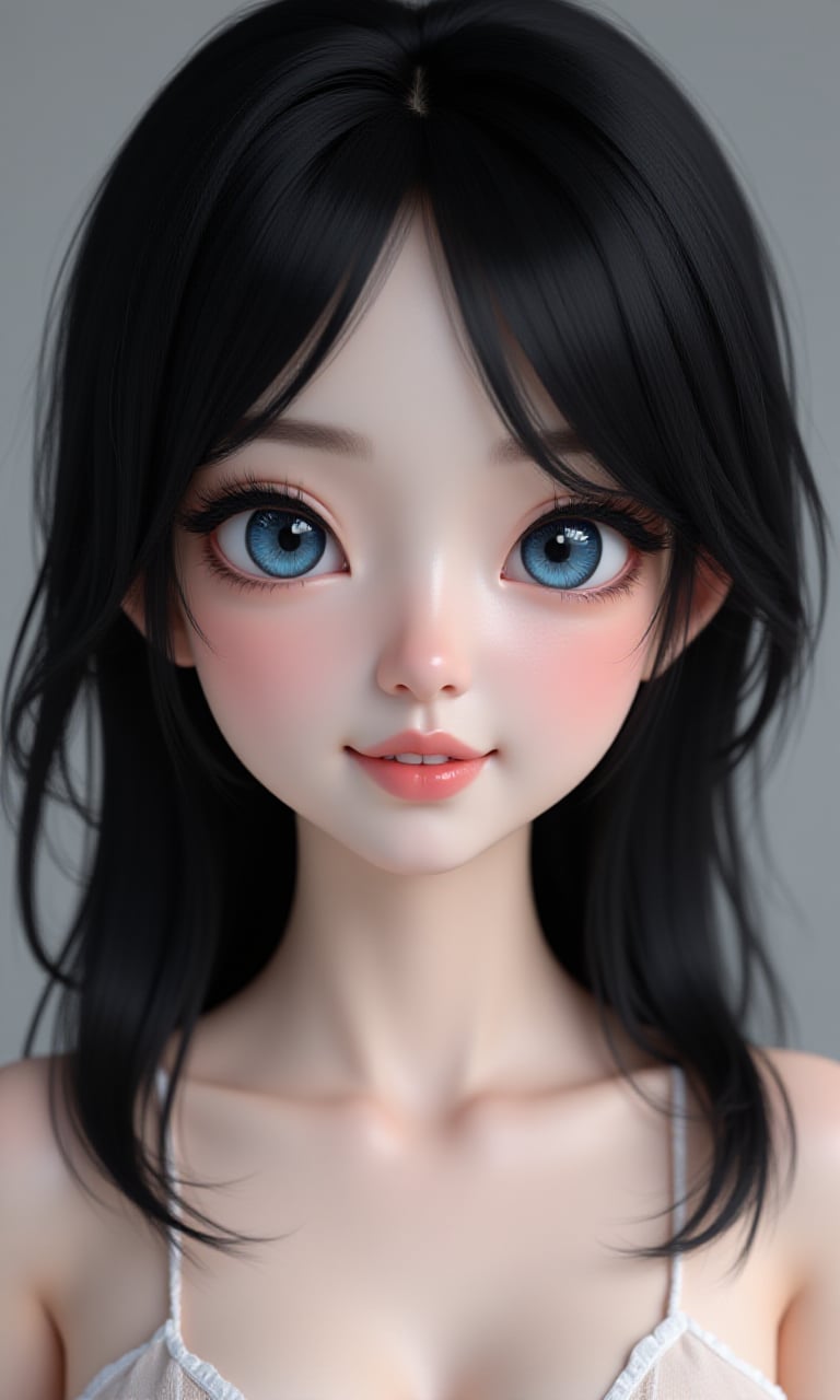 It is a photorealistic avatar powered by Codec Avatars that belongs to the Second Life metaverse and has black hair, white skin, big blue eyes with long, thick, beautiful eyelashes and a big smile. Its style is Daz studio with PBR effects.