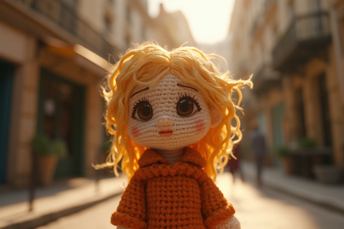 The small crocheted amigurumi simulates the image of a brunette girl with wavy blonde hair and big black eyes in the middle of a street with French architecture. The scene must feature midday light with dimmed shadows in the nostalgic atmosphere. It uses a hyperrealistic 3D style and rendering with PBR effects.