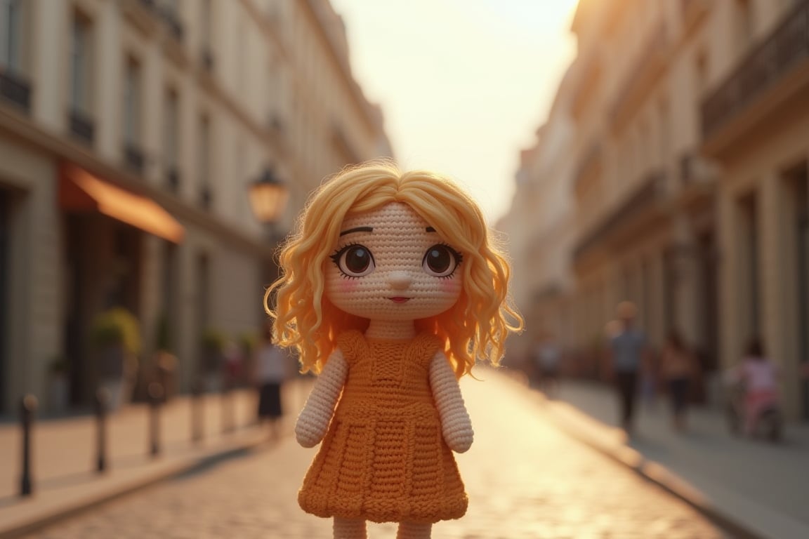 The small crocheted amigurumi simulates the image of a brunette girl with wavy blonde hair and big black eyes in the middle of a street with French architecture. The scene must feature midday light with dimmed shadows in the nostalgic atmosphere. It uses a hyperrealistic 3D style and rendering with PBR effects.