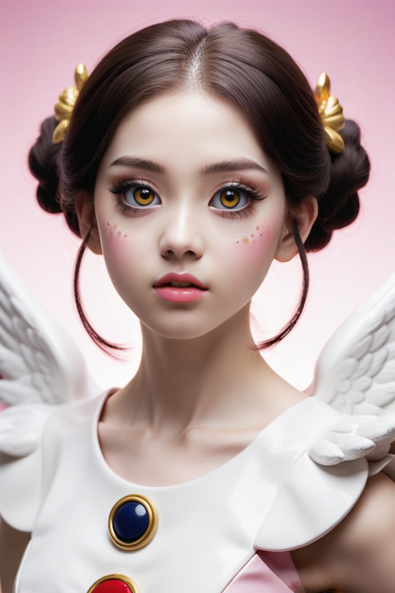 Woman with big brown doll-like eyes with long, abundant, black eyelashes. White skin with a porcelain texture, rosy cheeks, small lips with gloss. Expressive look with an angel face. She is bizarre and she is queen sakura. Use the anime style inspired by Sailor Moon and using elements that attract attention in the makeup such as the texture of the eyelashes, eyebrows and lips and mixing 3D and rendering in the image. The harmonious light component is important.