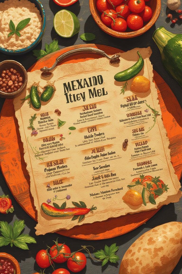 Create an illustration of a Mexican gourmet cuisine menu inspired by virtual objects in Second Life. The illustration must be laminated with vibrant colors and a medium brightness with soft shadows. The style will be rendered with a PBR effect.