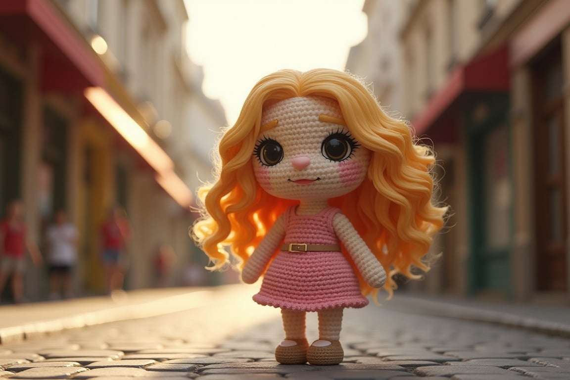 The small crocheted amigurumi simulates the image of a brunette girl with wavy blonde hair and big black eyes in the middle of a street with French architecture. The scene must feature midday light with dimmed shadows in the nostalgic atmosphere. It uses a hyperrealistic 3D style and rendering with PBR effects.