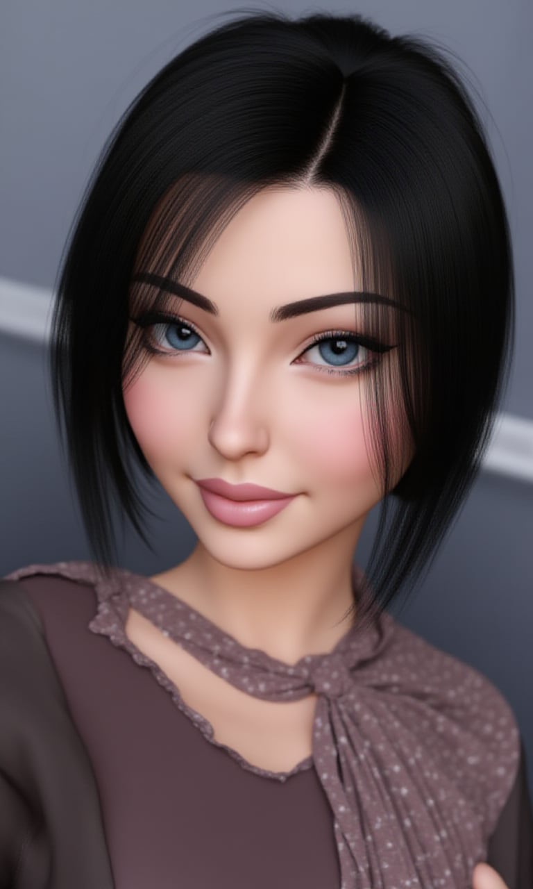 It is a photorealistic avatar powered by Codec Avatars that belongs to the Second Life metaverse and has black hair, white skin, big blue eyes with long, thick, beautiful eyelashes and a big smile. Its style is Daz studio with PBR effects.,score_9, score_8_up, score_7_up, BREAK,