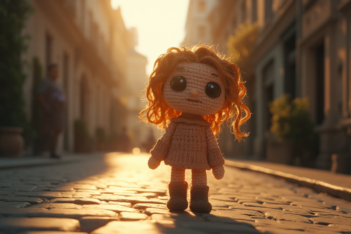 The small crocheted amigurumi simulates the image of a brunette girl with wavy blonde hair and big black eyes in the middle of a street with French architecture. The scene must feature midday light with dimmed shadows in the nostalgic atmosphere. It uses a hyperrealistic 3D style and rendering with PBR effects.