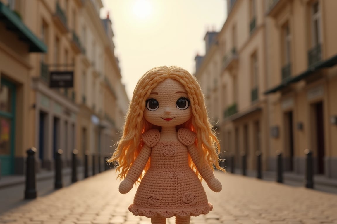 The small crocheted amigurumi simulates the image of a brunette girl with wavy blonde hair and big black eyes in the middle of a street with French architecture. The scene must feature midday light with dimmed shadows in the nostalgic atmosphere. It uses a hyperrealistic 3D style and rendering with PBR effects.