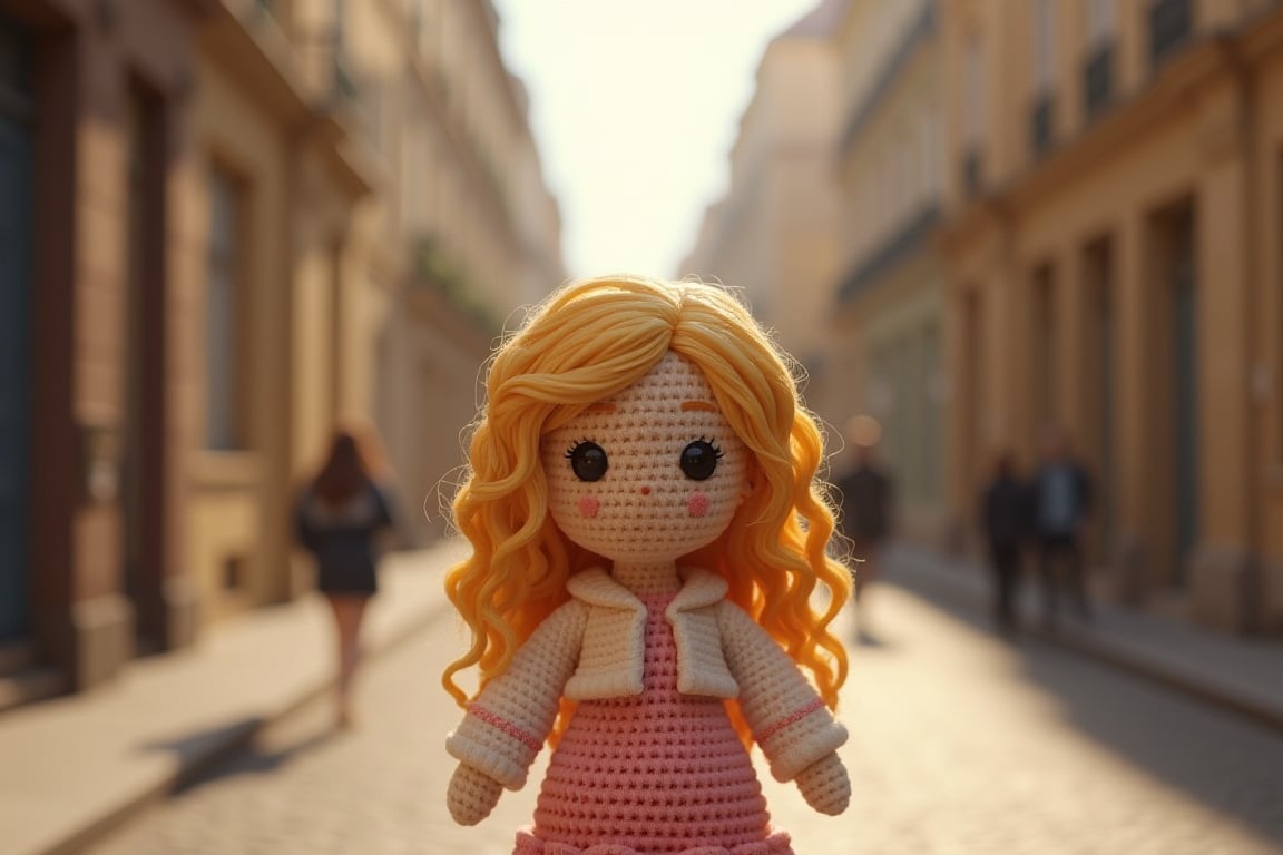 The small crocheted amigurumi simulates the image of a brunette girl with wavy blonde hair and big black eyes in the middle of a street with French architecture. The scene must feature midday light with dimmed shadows in the nostalgic atmosphere. It uses a hyperrealistic 3D style and rendering with PBR effects.