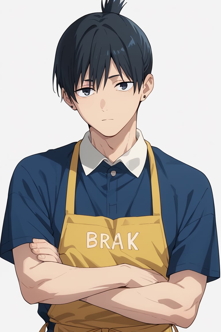 score_9, score_8_up, score_7_up, source_anime, BREAK, 1boy, male focus, solo, Aki, black hair, stud earrings, black eyes, blue shirt, apron, looking at viewer, simple background