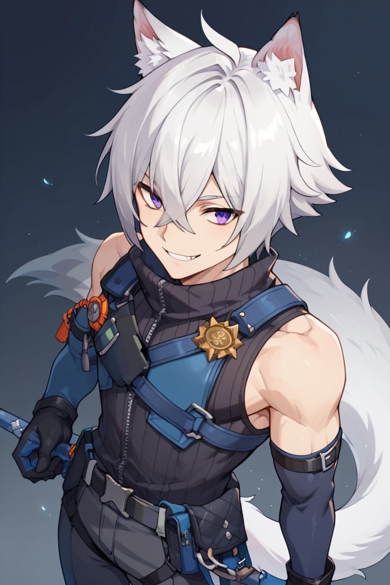 score_9,score_8_up,score_7_up,score_6_up,score_5_up,score_4_up,source_anime, BREAK,1boy, solo, focus male, Seth_Lowell, short hair, hair between eyes, white hair, purple eyes, wolf ears, long tail, single tail, sleeveless_shirt, gloves, elbow_gloves, leg harness, long pants, black boots, upper body, bright skin, smile, looking_at_viewer, from above