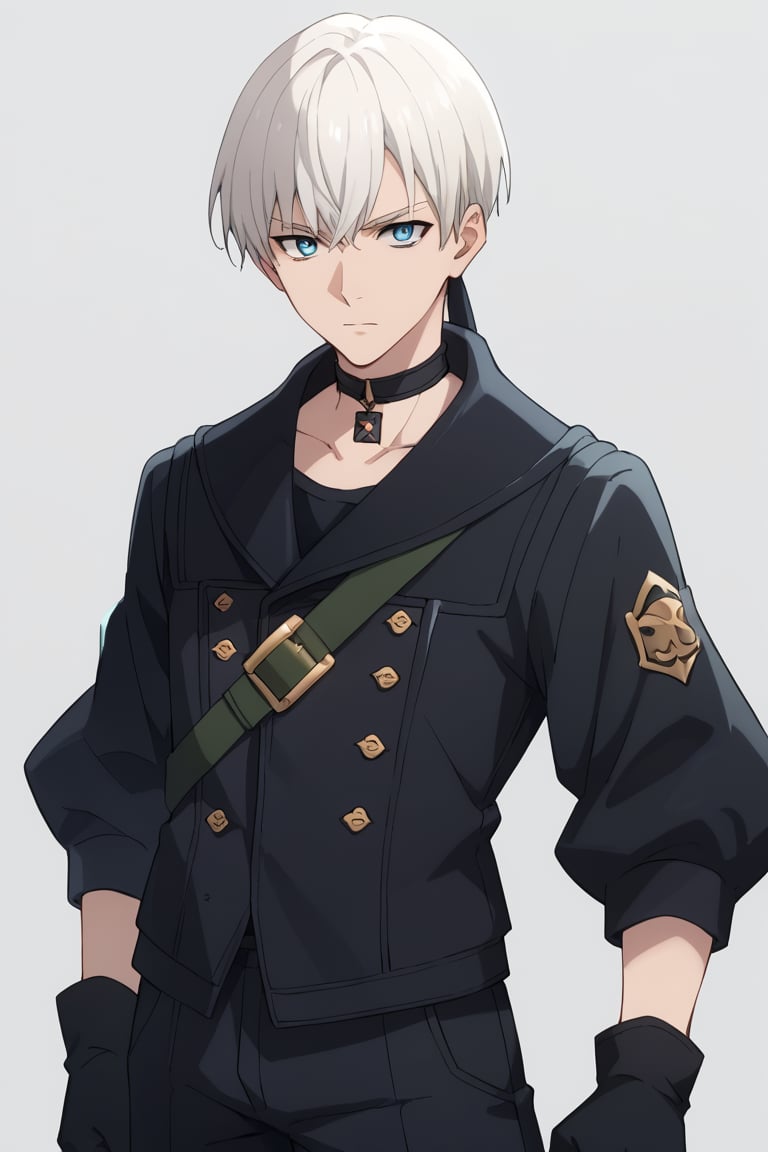 score_9, score_8_up, score_7_up, source_anime, BREAK, 1boy, male focus, solo, 9s, white hair, blue eyes, black jacket, black choker, black shorts, black gloves, looking at viewer, portrait, simple background