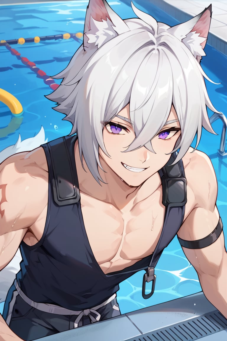 score_9,score_8_up,score_7_up,score_6_up,score_5_up,score_4_up,source_anime,uncencored, BREAK,1boy, focus male, solo,Seth_Lowell,white hair,hair between eyes,wolf ears,long tail,purple eyes, smile, swimming_pool 