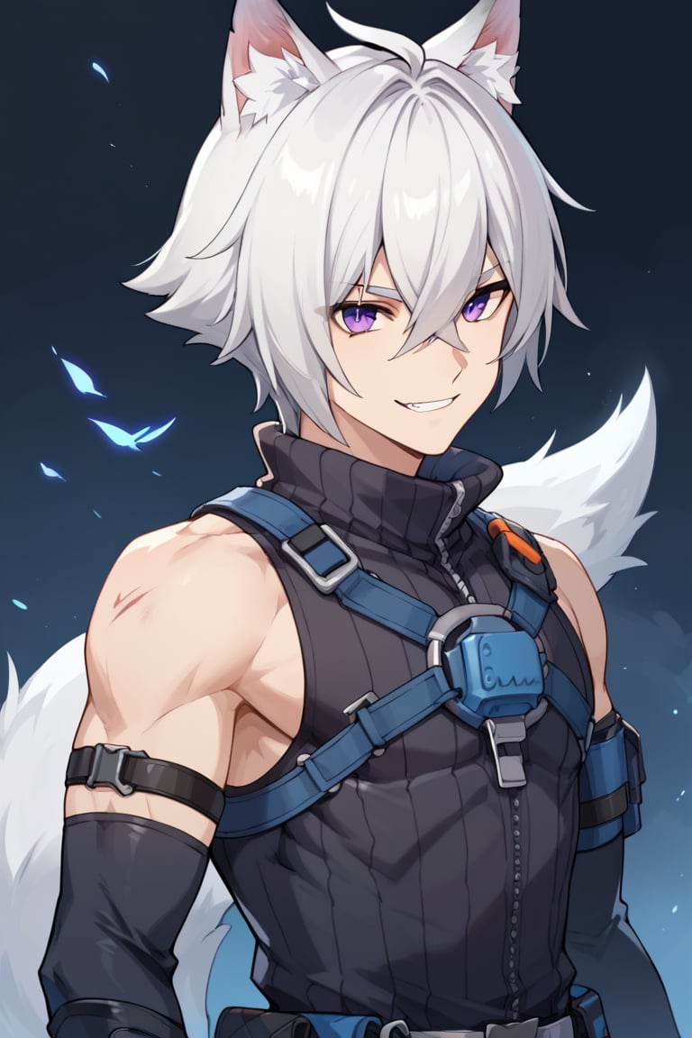 score_9,score_8_up,score_7_up,score_6_up,score_5_up,score_4_up,source_anime, BREAK,1boy, solo, focus male, Seth_Lowell, short hair, hair between eyes, white hair, purple eyes, wolf ears, long tail, single tail, sleeveless_shirt, gloves, elbow_gloves, leg harness, long pants, black boots, upper body, bright skin, smile, looking_at_viewer,