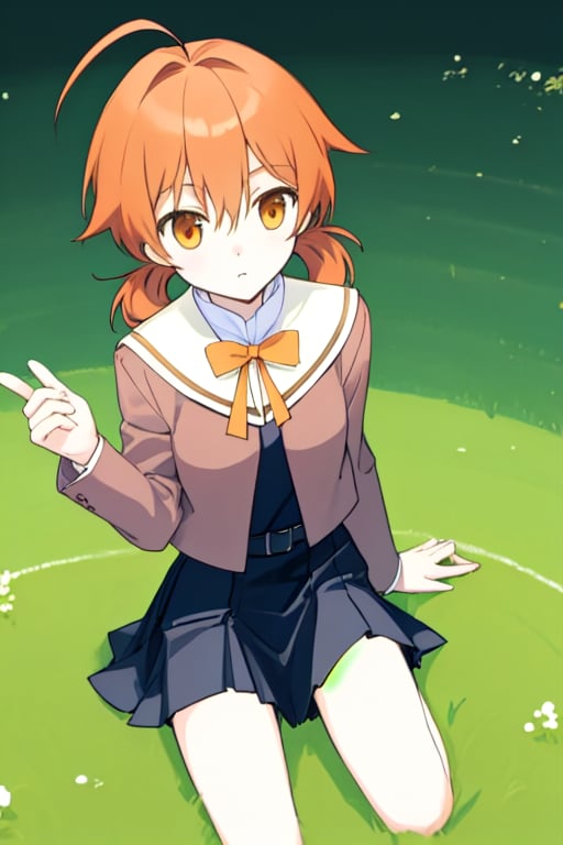 master piece,cowboy shot,young child,small breast,school uniform,koito yuu,short twin tails,ahoge,orange hair,sitting down on the field,