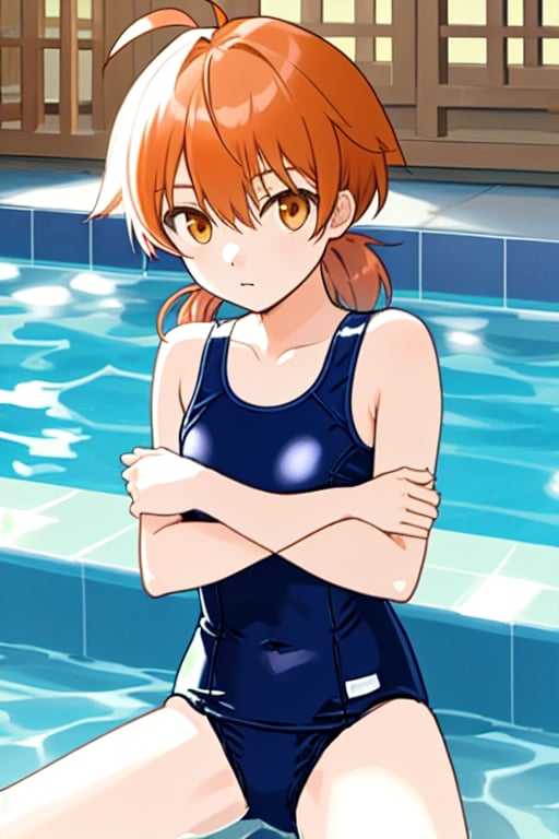 master piece,cowboy shot,young child,small breast,navy colored school swimsuit,koito yuu,short twin tails,ahoge,orange hair,sitting down,spa,