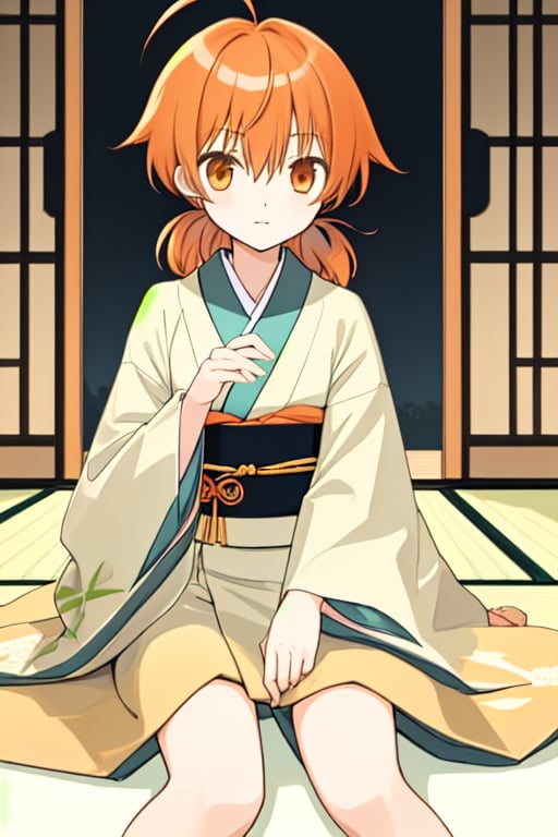 master piece,cowboy shot,young child,small breast,japanese kimono,koito yuu,short twin tails,ahoge,orange hair,sitting down,