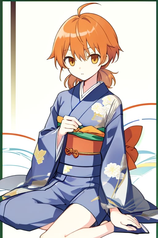 master piece,cowboy shot,young child,small breast,japanese kimono,koito yuu,short twin tails,ahoge,orange hair,sitting down,