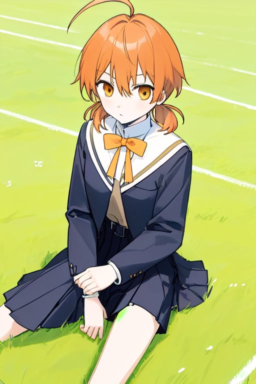 master piece,cowboy shot,young child,small breast,school uniform,koito yuu,short twin tails,ahoge,orange hair,sitting down on the field,