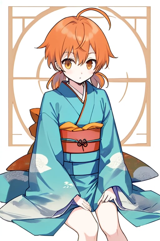 master piece,cowboy shot,young child,small breast,japanese kimono,koito yuu,short twin tails,ahoge,orange hair,sitting down,