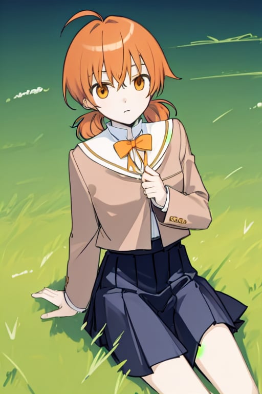 master piece,cowboy shot,young child,small breast,school uniform,koito yuu,short twin tails,ahoge,orange hair,sitting down on the field,