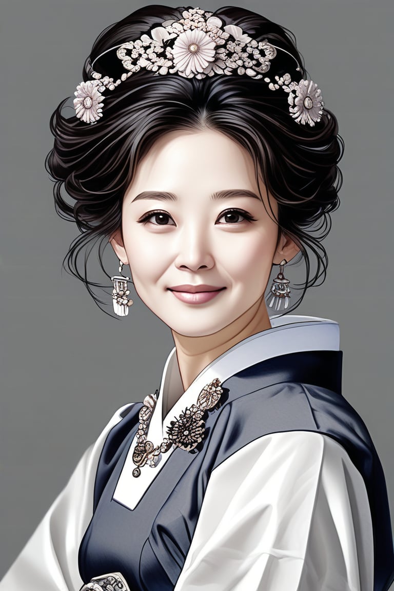 Prompt: a potrait of breathtakingly glamorous 40 years old korean woman with intricate facial features emanating mesmerizing beauty adorned with necklace and head ornament, korea hanbok, feminine, slightly wavy hair, shoulder length hair, ek_art_b00ster, absurdres, bright large eyes, ulzzang, flat chest, very wide waist, big shoulder, big arms, monochome, greyscale, pencil sketch, (charcoal rendering:1.4),