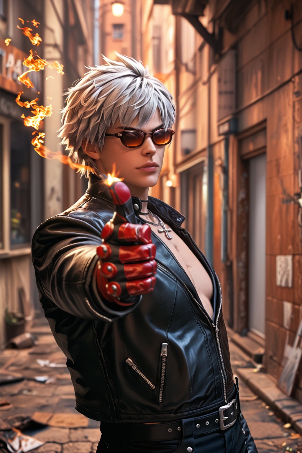 Score_9, score_8_up, score_7_up, score_6_up, 

1boy, k_kof, gray hair, blue eyes, (black  closed leather jacket:1.4), black leather long pants, necklace, belt, red single glove, single fingerless glove, black shoes, dark brown sunglasses. 

Elegantly standing pose, blazing fire covered his hands while doing  standing finger gun pose. 

Background is in front of alley behind a rundown tall apartment with rustic color theme. 

RAW, looking at viewer, Full body shot, long shot, Extremely Realistic, ultra detail, finger gun, pointing at viewer