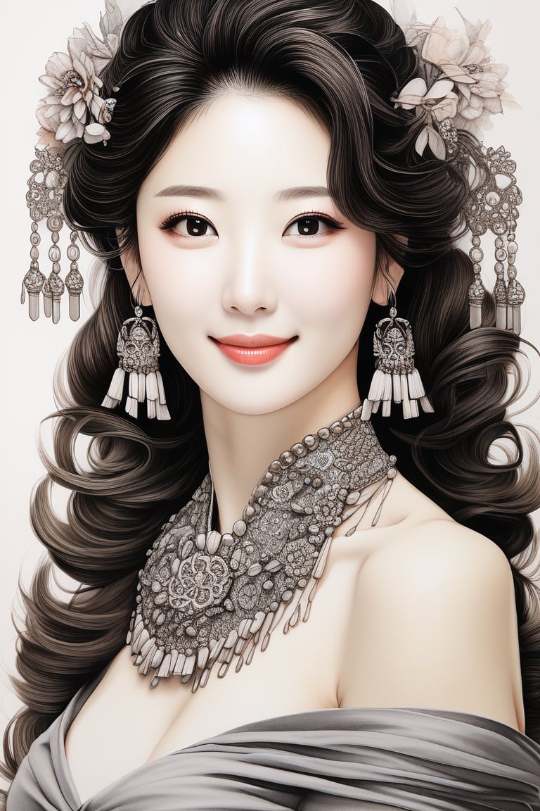 Prompt: a potrait of breathtakingly glamorous 40 years old korean woman with intricate facial features emanating mesmerizing beauty adorned with necklace and head ornament, feminine, wavy hair, shoulder length hair, ek_art_b00ster, absurdres, bright large eyes, ulzzang, flat chest, very wide waist, big shoulder, big arms, monochome, greyscale, pencil sketch, charcoal rendering,