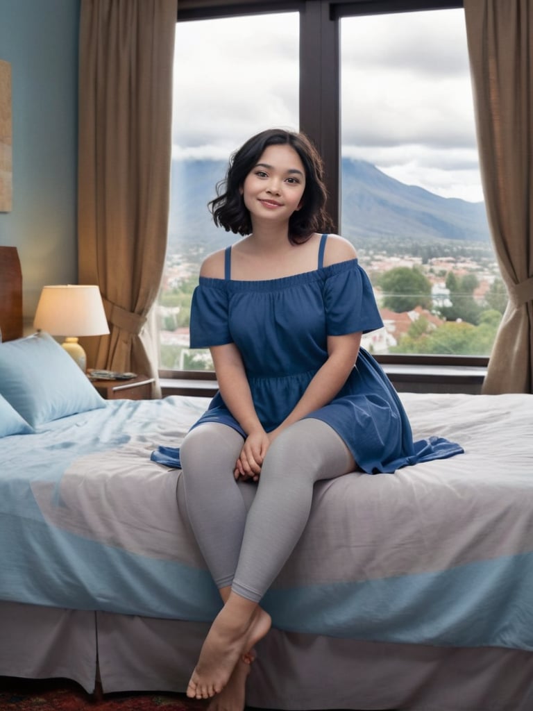 masterpiece, best quality, very aesthetic, absurdres, newest, ai-generated, full wide body, detailed background, indoors, midnight, (sitting on edge of bed:2.0), (crossing her leg:1.5), one leg on floor, decorated bed, luxury hotel room, very tall window, mountain view, AddXL, 1girl, solo, indonesian mature woman, 45 years old, looking at viewer, (cross leg:1.5), (front view:1.4), messy shoulder length black hair, (brown eyes), makeup, large face, (blue house dress:1.4), (grey leggings:2.0), flats, (tiny_breasts:2.0), skindentation, (huge_thighs:1.4), (huge_ass:2.0), (big body:2.0), (rectangle body:2.0), sfw
