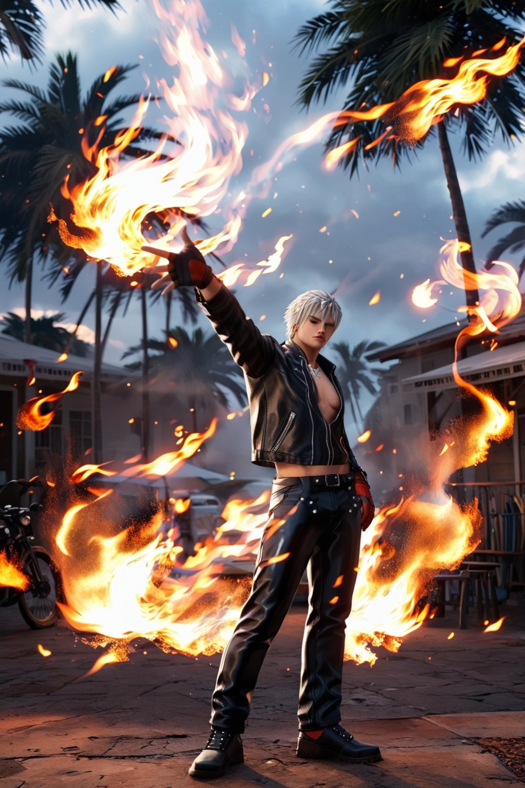 Score_9, score_8_up, score_7_up, score_6_up, 

1boy, k_kof, gray hair, blue eyes, (black  closed leather jacket:1.4), black leather long pants, necklace, belt, red single glove, single fingerless glove, black shoes, dark brown sunglasses. 

((He lifts his right hand reaching out to right upper head side, opening his right palm and big fire elements comes out from his right palm, standing straight, all of his body covered by composed of fire elements):2) 

Background is in front of alley behind a rundown tall apartment with rustic color theme with multiple bike parking on it. 

RAW, looking at viewer, side view, Full body shot, long shot, from head to toe shot, Extremely Realistic, ultra detail, thunderbike.,